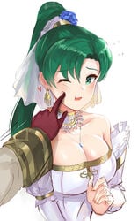 1girls between_breasts blush breasts bride busty cleavage duo earrings female fire_emblem fire_emblem:_the_blazing_blade fire_emblem_heroes green_eyes green_hair jewelry kiran_(fire_emblem) long_hair lyn_(bridal)_(fire_emblem) lyn_(fire_emblem) lyndis_(fire_emblem) male necktie_between_breasts one_eye_closed ormille poke voluptuous wedding_dress wedding_veil wink