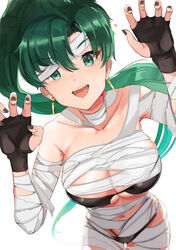 black_nails bra breasts earrings fangs female fingerless_gloves fire_emblem fire_emblem:_the_blazing_blade green_eyes green_hair halloween jewelry long_hair looking_at_viewer lyn_(fire_emblem) lyndis_(fire_emblem) mummy_costume ormille panties solo