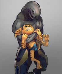 2boys blue_underwear briefs bulge crossover erection gay halo_(series) igniteer male male_only ratchet_(ratchet_and_clank) ratchet_and_clank sangheili size_difference suffocation underwear video_games yaoi