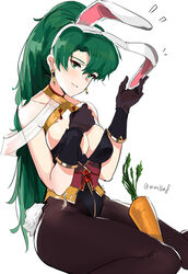 breasts bunny_ears bunnysuit carrot earrings female fire_emblem fire_emblem:_the_blazing_blade fire_emblem_heroes green_eyes green_hair jewelry kagero_(fire_emblem)_(cosplay) long_hair lyn_(fire_emblem) lyndis_(fire_emblem) ormille solo