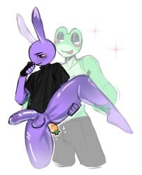 absurd_res amphibian anthro anthro_on_anthro ass blush bodily_fluids carrot carrot_dildo clothing cutie_mark duo ear_markings fingerless_gloves food frog fur genitals glitch_productions gloves grin handwear hasbro hi_res improvised_dildo improvised_sex_toy jax_(tadc) lagomorph leporid male male/male mammal penis plant rabbit raised_leg ribbit_(tadc) sinrainner smile the_amazing_digital_circus vegetable