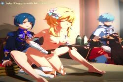 2boys 2girls 3d 3d_animation animated beidou_(genshin_impact) blonde_hair blowjob blue_hair chongyun_(genshin_impact) female gameplay_mechanics genshin_impact laplume lumine_(genshin_impact) male male/female moaning oral penis_in_mouth riding shorter_than_10_seconds video xingqiu_(genshin_impact)