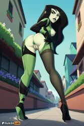 1girls ai_generated anal anal_object_insertion anus artist_name ass bent_over black_footwear black_gloves black_hair black_lips black_thighhighs bodysuit breasts butt_plug colored_skin day disney disney_channel female female_only from_behind full_body gloves green_bodysuit green_eyes green_skin hi_res high_heels kim_possible lipstick long_hair looking_at_viewer looking_back makeup medium_breasts nipples object_insertion outdoors pale_skin parted_lips pussy rule34lab shego solo standing thighhighs uncensored