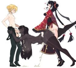 1boy 1futa 1girls big_balls big_breasts big_penis black_areola black_hair black_nipples black_thighhighs blonde_hair blowjob blush bulge chinese_clothes cum cum_in_mouth cum_in_pussy cum_inside dark-skinned_female dark_skin dripping_cum futa_on_female futanari hair_bun heart jia_xichun_(limbus_company) limbus_company long_hair nipples penetration pepponeppo pounding_ass project_moon sagging_breasts saggy_balls scar short_hair sinclair_(limbus_company) spitroast stomach_bulge sweat sweatdrop sweating thick_ass thick_thighs thighhighs throat_bulge topless_male yellow_eyes zilu_(limbus_company)