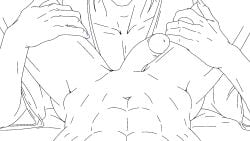 2boys animated erection gimmeyourmoni hands_around_legs imminent_oral jujutsu_kaisen legs_spread long_hair muscular muscular_male penis satoru_gojo suguru_geto wip yaoi