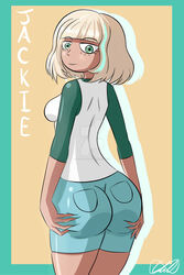 1girls blonde_hair deviantart_username disney female female_only gabrielmalum green_eyes green_sleeves hands_on_ass jackie_lynn_thomas jean_shorts leaning short_hair sideboob smile solo standing star_vs_the_forces_of_evil straight_hair watermark white_shirt