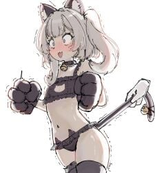 1girls 1other bell belly_button blush breasts cat_bell cat_cutout cat_lingerie cleavage cleavage_cutout collar disembodied_hand fake_cat_tail fake_tail female female_focus froq funny grey_hair light-skinned_female light_skin lingerie lingerie_only marimari_en nose_blush open_mouth paw_gloves phase_connect phase_invaders phase_invaders_quest shocked simple_background small_breasts surprised tail_grab tail_pull thick_eyebrows virtual_youtuber white_background