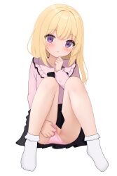 absurdres ankle_socks ass black_skirt blonde_hair blush cleft_of_venus closed_mouth clothing_aside commentary_request feet female highres jirai_kei knees knees_up lace-trimmed_socks long_hair looking_at_viewer miniskirt no_shoes original panties panties_aside pink_panties pink_shirt pleated_skirt purple_eyes pussy shirt sitting skirt socks solo toes totorin7124 underwear upskirt white_background white_socks