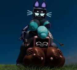 3d 3d_(artwork) animal_humanoid big_breasts big_penis breast_grab breast_squish breasts breasts_squeezed_together breasts_squeezing cat_humanoid cord_tail digital_media_(artwork) felid felid_humanoid feline feline_humanoid female genitals grass gynomorph gynomorph/female gynomorph/gynomorph hand_on_breast huge_breasts huge_cock humanoid hyper hyper_breasts hyper_genitalia hyper_penis intersex intersex/female intersex/intersex keeby4 mammal mammal_humanoid mocha_(cofficremer) nipple_piercing nipples penis piercing plant squish tv_head_robot