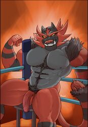 1boy 2018 abs anthro biceps big_penis burrserk chest_fur fangs feline flexing fur furry incineroar looking_at_viewer male male_only mammal muscular muscular_male nintendo pecs penis pokémon_(species) pokemon pokemon_sm presenting pubic_hair sitting smile sport stool teeth testicles thick_thighs triceps veins veiny_penis video_games wide_hips wrestling yellow_eyes