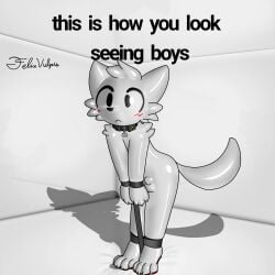 1:1 2025 4_fingers 4_toes alternate_version_at_source anthro biped blush bondage bound boy_kisser_(meme) bulge claws collar collar_tag digital_media_(artwork) english_text feet felid feline felixvulpis fingers glistening glistening_body hi_res implied_chastity latex male mammal meme paws shock_collar signature simple_background solo story story_in_description tail text toe_claws toes toony white_body white_tail