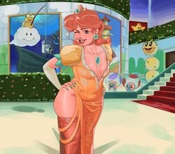 blue_toad crown dress evening_gown female freckles green_toad hand_on_hip hip_cleavage jumbogumbo lakitu lakitu's_cloud mario_(series) necklace nintendo painted_nails pokey_(mario) princess_daisy red_toad smile thick_thighs thighhighs toad_(mario) yellow_toad