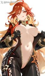 ai_generated blush breasts_out fire_hair front_view genshin_impact mavuika_(genshin_impact) nipples open_bodysuit orange_hair pussy seductive_smile shineinsfw solo tongue_out