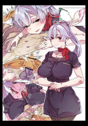 1boy 1girls breasts curvy dress erection erection_under_clothes fate/grand_order fate_(series) female flight_attendant highres huge_breasts impossible_clothes impossible_dress large_penis lotion male massage penis penis_out penis_under_clothes saliva scarf silver_hair stewardess straight tenting testicles tomoe_gozen_(fate) topless towel tuberosum001 uniform