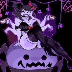 ass bare_shoulders black_hair blush bow bra breasts cleavage female female_only hand_on_face hat high_heel_boots high_heels holding holding_object lingerie muffet multiple_arms multiple_eyes purple_body short_hair sitting smile spider spider_girl tagme thick_thighs tied_hair top_hat undertale voluptuous wide_hips zamzipperart