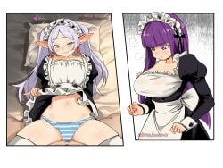 2026 bed earrings elf elf_ears elf_female fern_(sousou_no_frieren) frieren frieren_beyond_journey's_end heart human_female lifting_skirt maid maid_outfit maid_uniform panties patreon pouting snegovski sousou_no_frieren thighhighs