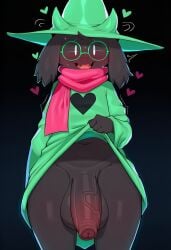 ai_generated anthro balls big_penis black_body black_fur blush bodily_fluids bottomless bovid caprine clothed clothing clothing_lift deltarune eyewear femboy flaccid floppy_ears foreskin fur genitals glans glasses goat green_clothing hat headgear headwear heart hellsonger horn humanoid_genitalia humanoid_penis long_penis looking_at_viewer male male_focus male_only mammal navel no_underwear open_mouth penis pink_glans ralsei scarf simple_background small_but_hung smile solo standing sweat thick_penis undertale_(series) vein veiny_penis