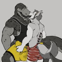 2018 5_fingers anthro anthro_on_anthro bare_back black_nipples boxers_(clothing) bulge canine claws clothed clothing cyan_eye deep_throat dinosaur duo ear_piercing erection erection_under_clothes extreme_french_kiss eyebrows eyes_mostly_closed eyewear fluffy fluffy_tail fondling fur gauged_ear glasses grinding hair hand_on_back hand_on_penis head_spines holding_(disambiguation) humanoid_penis intimate kissing koorivlf larger_male long_tail long_tongue male mammal mostly_clothed muscular muscular_male nipples open_mouth oral penis penis_outline penis_shaped_bulge piercing purple_eyes reptile romantic_couple scales scalie shirt signature simple_background singe_(koorivlf) size_difference smaller_male smile spines spotted_scales standing striped_clothing tank_top teeth thick_tail tongue topless underwear wolf woof_(koorivlf) yaoi