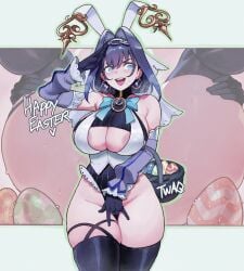 adapted_costume animal_ears areola_slip basket blue_eyes blue_hair blush bow breasts covering crotch earrings easter easter_egg egg fake_animal_ears female fingering hair_intakes hand_between_legs hand_on_crotch happy happy_easter happy_trance highres holding holding_basket hololive hololive_english hypnosis implied_hypnosis large_breasts nipple_bulge nipples open_mouth ouro_kronii ouro_kronii_(1st_costume) rabbit_ears round_teeth salute short_hair spiral_eyes standing_masturbation stray_pubic_hair teeth thiccwithaq upper_teeth_only virtual_youtuber