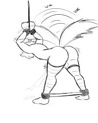 absurd_res anthro artist_name ass bodily_fluids bondage bound canid canine clothing cum ejaculation femboy fox genital_fluids genitals hair hi_res humanoid leg_warmers leg_warmers_only legwear male male/male mammal solo tail tail_motion tailwag text thick_thighs thigh_highs