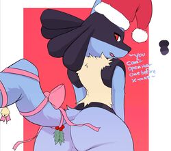 1boy 2018 anthro arched_back ass back bell big_ass black_fur blue_fur bow canine celescario christmas colored colorless english_text fur furry half-closed_eyes hat holidays looking_at_viewer looking_back lucario male male_only mammal mistletoe nintendo nude plant pokemon pokemon_(species) pokemon_dppt rear_view red_background red_eyes ribbons santa_hat solo tail testicles text thick_thighs thin_waist video_games white_background white_border wide_hips yellow_fur