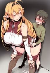 against_surface against_wall ai_generated bent_forward blonde_hair blush cliff_grimoire clothing cum cum_drip dominant dominant_female elf elf_ears elf_female elf_girl elinalise_dragonroad female femdom hands_on_knees huge_breasts long_hair looking_back mushoku_tensei nakamura_regura tagme tall tall_female taller_female thick_thighs thighhigh_boots thighs voluptuous voluptuous_female