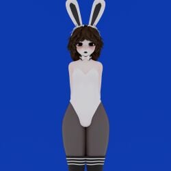 3d black_eyelashes black_eyeliner black_lipstick brown_hair bulge bulge_through_clothing bulge_under_clothes bunny bunny_boy bunny_costume bunny_ears bunny_suit bunny_tail bunnysuit cuffs cuffs_(clothing) easter femboy fluffy_hair gray_eyes leotard lipstick morgundy_(artist) morgundy_(morgundy) nylon_stockings nylons pantyhose striped_thighhighs vhs vhs_artifacts vhs_filter vhs_tape white_leotard wrist_cuffs