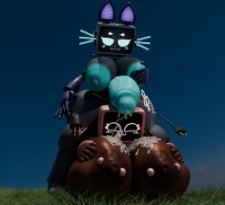 3d 3d_(artwork) animal_humanoid anthro big_breasts big_penis bodily_fluids breast_grab breast_squish breasts breasts_squeezed_together breasts_squeezing cat_humanoid cord_tail cum cum_on_breasts digital_media_(artwork) duo felid felid_humanoid feline feline_humanoid female genital_fluids genitals grass gynomorph gynomorph/female gynomorph/gynomorph hand_on_breast huge_breasts huge_cock humanoid hyper hyper_breasts hyper_genitalia hyper_penis intersex intersex/female intersex/intersex keebthemof keeby4 male mammal mammal_humanoid mocha_(cofficremer) nipple_piercing nipples penis piercing plant squish tv_head_robot