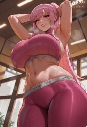 ai_generated alternate_breast_size alternate_costume armpits arms_behind_head arms_up artist_name bangs blush bra breasts cameltoe clothing curvy duxvector eyeshadow female female_only from_below grin gym hololive hololive_english huge_breasts indoors large_breasts lips lipstick long_hair looking_at_viewer looking_down makeup midriff mori_calliope mori_calliope_ch. navel pants parted_lips patreon_username pink_eyes pink_eyeshadow pink_hair pink_lips pink_pants pink_sports_bra ponytail red_eyes red_lips sideboob sidelocks skindentation smile solo sports_bra sportswear steaming_body stomach sweat sweaty_clothes thick_thighs thighs underwear virtual_youtuber wet yoga_pants