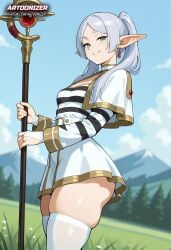 1girls ai_generated artoonizer ass belt big_ass bridal_gauntlets capelet earrings elf elf_ears female female_focus female_only frieren frieren_beyond_journey's_end green_eyes grey_hair jewelry light-skinned_female light_skin long_hair looking_at_viewer magic_wand narrow_waist outdoors patreon patreon_username posing shiny_skin skirt small_breasts smile solo solo_female solo_focus sousou_no_frieren standing striped_clothes striped_shirt thick thick_hips thick_thighs thighhighs twintails wand white_thighhighs