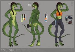 2018 amber_eyes anthro areola breasts dinosaur female green_skin lolzguy midriff model_sheet navel nipples open_mouth pussy raptor solo teeth theropod tongue yvonne_(lolzguy)