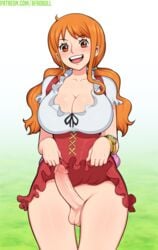 1futa afrobull balls big_breasts big_penis bottomless breasts cleavage clothed clothing dickgirl erection futa_only futa_sans_pussy futanari human intersex large_breasts light-skinned_futa light_skin long_hair looking_at_viewer mostly_clothed nami_(one_piece) one_piece orange_hair penis post-timeskip skirt skirt_lift solo solo_futa source_request standing testicles whole_cake_island