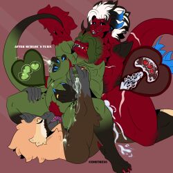 absurd_res anthro big_breasts black_hair black_sclera blue_eyes bodily_fluids breast_grab breast_play breasts brown_body claws closed_eyes cum cum_in_vagina cum_inside cunnilingus dinosaur dragon dromaeosaurid fangs female female/female genital_fluids green_body green_hair group hair hand_on_breast hi_res horn impregnation lactating long_tail male male/female markings mchloe_(zortrex) muscular muscular_female myceelidos_(zortrex) mythological_creature mythological_scalie mythology nipple_fetish nipple_play oral penetration pregnant pregnant_female prehistoric_species projectile_lactation pubes red_body red_hair reptile ring_(jewelry) saurischian scalie sex sharp_teeth sibling_(lore) sister_(lore) sisters_(lore) size_difference spikes spikes_(anatomy) spots spread_legs spreading tail tan_body teeth theropod thick_thighs tongue tongue_out trio unusual_bodily_fluids unusual_lactation utahraptor vaginal_penetration white_hair yelena_(zortrex) zortrex