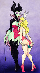 2girls alternate_costume ass aurora_(sleeping_beauty) bimbo blush breasts bunny_ears bunnysuit bunnysuit_aside dildo disney disney_princess disney_villains dominatrix eyeshadow female_only femdom femsub high_heels highres horns leotard_aside licking lipstick makeup maleficent multiple_girls my_pet_tentacle_monster nail_polish princess pussy pussy_juice riding_crop royalty slave sleeping_beauty_(1959_film) smile strapless strapless_dress strapless_leotard submissive vibrator villain villainess witch wrist_cuffs yuri