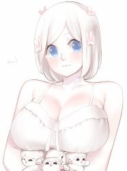 blue_eyes breasts bug butterfly cleavage dskn futo_momo_(dskn) huge_breasts insects original sheep simple_background white_hair