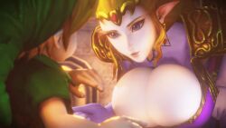1boy 1girls 3d animated animated_gif blonde_hair blue_eyes cleavage earrings female_focus gif large_breasts link long_hair looking_at_another nurico ocarina_of_time pauldrons pointy_ears princess_zelda the_legend_of_zelda young_link