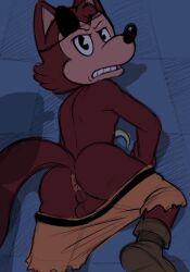 anthro anus ass backsack balls bottomwear clothing eye_patch eyewear fazbear_&_friends fazbear_and_friends five_nights_at_freddy's foxy_(fnaf) genitals hotdiggedydemon lying male mawile123 on_front pac-man_eyes pants pie_cut_eyes scottgames solo toony
