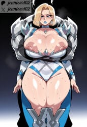 1boy 1girl ai_generated alternate_breast_size aqua_nails armor arms_under_breasts artist_name blonde_hair blue_eyes blue_lips blue_nails breast_hold breasts choker cleavage cling clothing curvaceous curvy earrings emma_frost emma_frost_(marvel_rivals) english_text female fingernails grabbing_from_behind gradient_background grey_nails groin hetero hug hug_from_behind huge_breasts huge_nipples jennieart02 jewelry large_areolae large_breasts legs_together leotard lifting_person lipstick looking_at_viewer makeup marvel marvel_comics marvel_rivals mature_female muscular nail_polish nipple_slip nipples patreon patreon_logo patreon_username pauldrons puffy_nipples shiny_skin short_hair shoulder_armor solo solo_focus standing steaming_body sweat thick_thighs thighs twitter twitter_username watermark web_address white_queen wide_hips