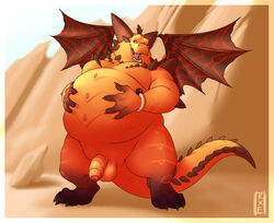 1boy 2018 4_fingers anthro balls belly belly_grab big_belly big_horns dragon flaccid front_view humanoid_penis kronexfire looking_at_viewer magnus_(spyro) male male_only nude open_mouth orange_scales overweight partially_retracted_foreskin penis scales self_grab solo spyro_reignited_trilogy spyro_the_dragon standing uncut video_games wings