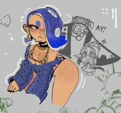 1boy 2girls arched_back bikini black_nails blue_hair blush chocker cleavage earrings gyaru jacket leopard_print necklace red_eyes shiver_(splatoon) shocked sketch small_breasts solo_focus spicyzaz splatoon splatoon_3 tan_skin thong