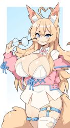 j5daigada hi_res commission 1girls female female_only solo looking_at_viewer smiling smiling_at_viewer fox_ears fox_girl fox_tail ahoge heart_ahoge blonde_hair long_hair blue_eyes blush eyelashes ear_tuft glasses round_glasses glasses_removed big_breasts arm_under_breasts tail furry_tail clothing