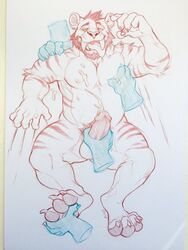 2018 4_toes 5_fingers anthro beard bedding bigroundlion cum cum_on_chest disembodied_hand facial_hair feline group handjob looking_pleasured lying male male_only mammal muscular muscular_male nipples nude on_back pecs roantiger saber-toothed_cat saliva sex simple_background solo_focus toes tongue tongue_out white_background