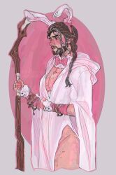 arcane arcane_viktor beard bearded before_sex blush bowtie braid braided_hair breasts bunny_boy bunny_ears bunnysuit cane cleavage cleavage_cutout easter_egg easter_eggs egg feminine_male gay leg long_hair long_hair_male mage magevik male_only no_penetration no_sex old_male old_man older_male pink ribbon robe sfw solo_male staff standing suggestive thigh viktor_(league_of_legends) white wizard yaoi