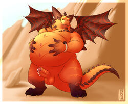 2018 4_fingers anthro balls belly belly_grab big_belly big_horns cum dragon erection front_view humanoid_penis kronexfire looking_at_viewer magnus_(spyro) male male_only nude orange_scales overweight partially_retracted_foreskin penis precum scales self_grab solo spyro_reignited_trilogy spyro_the_dragon standing uncut video_games wings