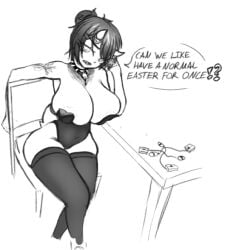 annoyed big_breasts bunnysuit cow_girl curvy easter goth_girl huge_breasts looking_at_viewer milky_ara original_character sitting sketch thighhighs vibrator vibrator_egg
