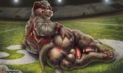 5_toes american_football anthro anus ass ball balls biped brown_fur canine chumbasket clothed clothing dalmatian detailed_background facial_piercing football_(ball) fur gay grass hi_res humanoid_penis jockstrap leaking looking_at_viewer lying male male_only mammal muscular muscular_male nose_piercing partially_clothed pawpads paws penis perineum piercing pink_pawpads pink_penis precum presenting presenting_hindquarters public smile solo sport spots teeth toes underwear white_fur