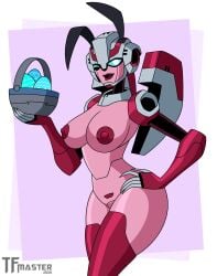 1girls arcee arcee_(tfa) big_breasts blue_eyes breasts bunny_ears hand_on_hip hi_res highres nipples one_eye_closed pink_lipstick pink_nipples pink_skin robot robot_girl robot_humanoid solo solo_female tfmaster96 thick_thighs thighs transformers transformers_animated