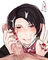 2boys black_hair blush cum cum_on_face cum_on_hair cum_on_hand gay kashuu_kiyomitsu licking_lips looking_at_viewer male_only penis_grab red_eyes touken_ranbu toumato toumator18 yaoi