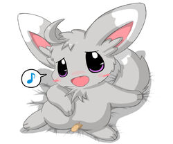 3_toes bandage blush chest_tuft chibi convenient_censorship dipstick_ears dipstick_tail female fluffy fluffy_tail fur grey_fur half-closed_eyes looking_at_viewer minccino multicolored_tail musical_note nintendo open_mouth pokemon pokemon_(species) purple_eyes pussy speech_bubble tack teasing toes tongue tuft video_games white_fur