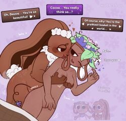 2girls :3 anthro anthro_on_anthro anthropomorphic bassie_(dandy's_world) blush blushing_at_partner blushing_female bunny bunny_ears bunny_girl bunny_tail chubby chubby_anthro chubby_female cocoa_(dandy's_world) couple couple_(romantic) cute dandy's_world dandys_world dialog dialogue flower flowers fluffy fondling fondling_breast furry furry_female heart holding_breast holding_partner humanoid in_love laying_down laying_on_bed laying_on_side lesbian_couple looking_at_another looking_back loving_gaze object_head pillow plus_size praise praising pressed_against pressed_against_butt roblox roblox_game snout spooning stretch_marks wabblebop wagging_tail wholesome wholesome_couple wholesome_nudity wholesome_sex wide_hips wide_thighs wlw yuri